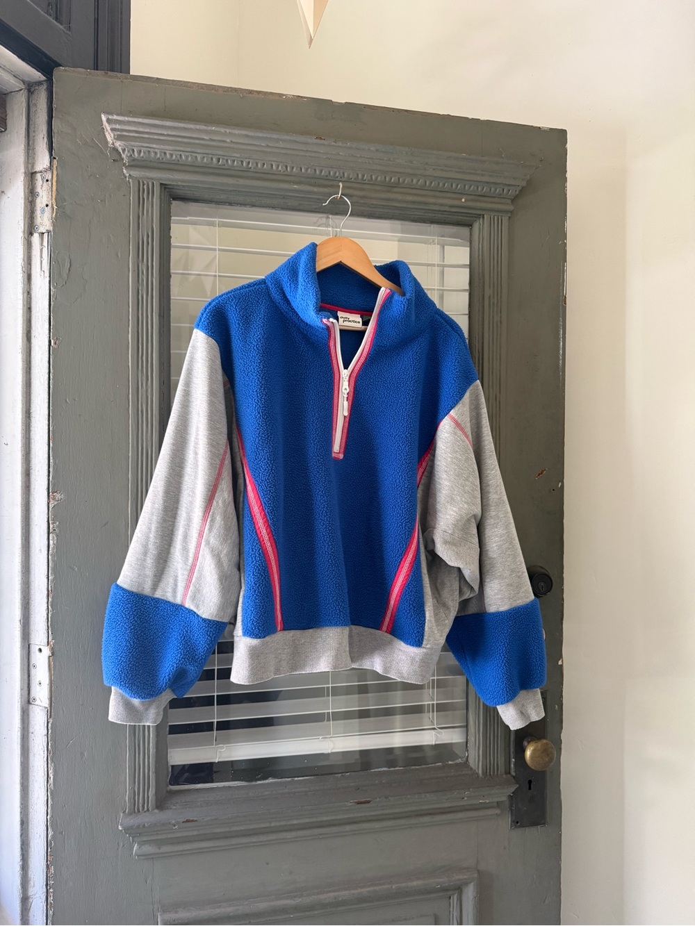 Daily Practice Blue and Gray Quarter-Zip Fleece Pullover with Pink Accents